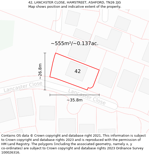 42, LANCASTER CLOSE, HAMSTREET, ASHFORD, TN26 2JG: Plot and title map