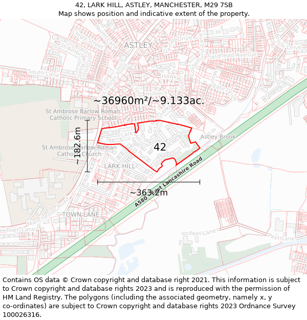 42, LARK HILL, ASTLEY, MANCHESTER, M29 7SB: Plot and title map