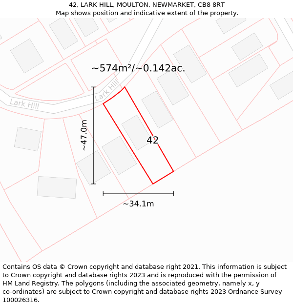 42, LARK HILL, MOULTON, NEWMARKET, CB8 8RT: Plot and title map