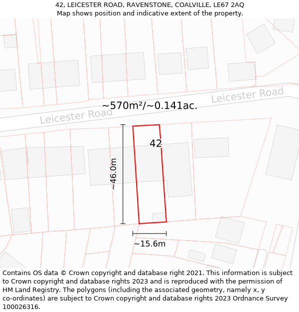 42, LEICESTER ROAD, RAVENSTONE, COALVILLE, LE67 2AQ: Plot and title map