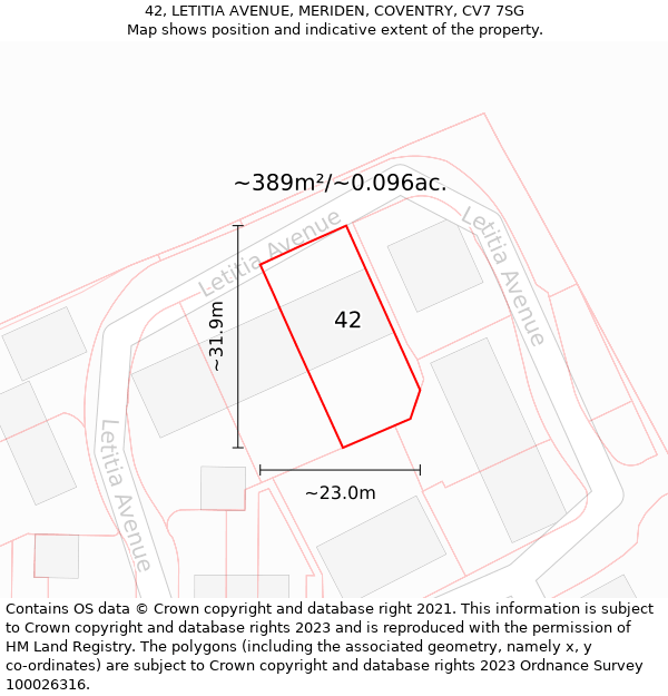 42, LETITIA AVENUE, MERIDEN, COVENTRY, CV7 7SG: Plot and title map