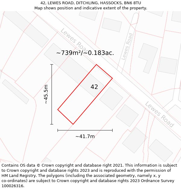 42, LEWES ROAD, DITCHLING, HASSOCKS, BN6 8TU: Plot and title map