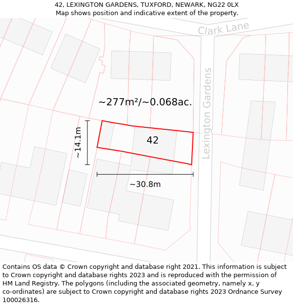 42, LEXINGTON GARDENS, TUXFORD, NEWARK, NG22 0LX: Plot and title map