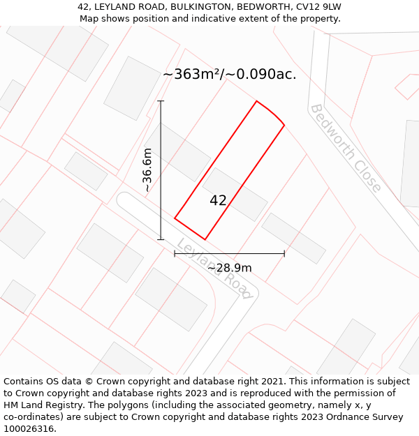 42, LEYLAND ROAD, BULKINGTON, BEDWORTH, CV12 9LW: Plot and title map