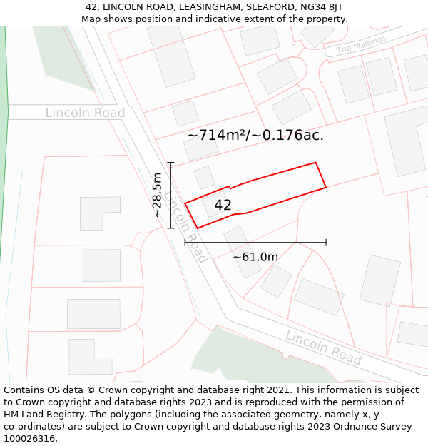 42, LINCOLN ROAD, LEASINGHAM, SLEAFORD, NG34 8JT: Plot and title map