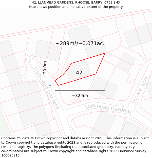 42, LLANMEAD GARDENS, RHOOSE, BARRY, CF62 3HX: Plot and title map