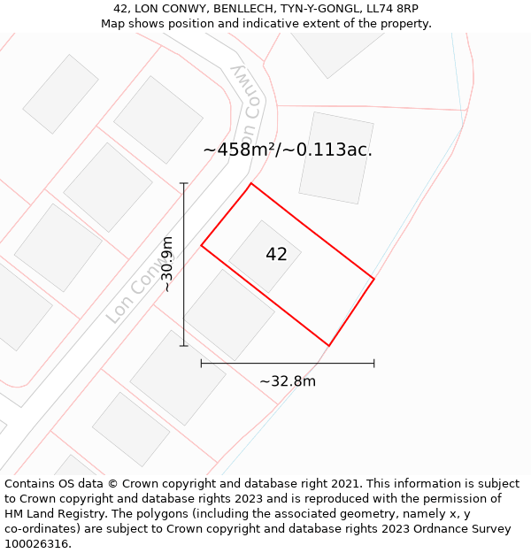 42, LON CONWY, BENLLECH, TYN-Y-GONGL, LL74 8RP: Plot and title map