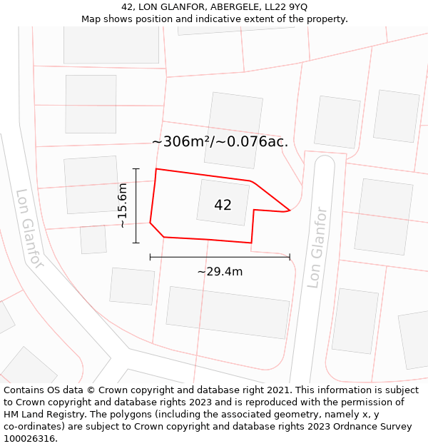 42, LON GLANFOR, ABERGELE, LL22 9YQ: Plot and title map