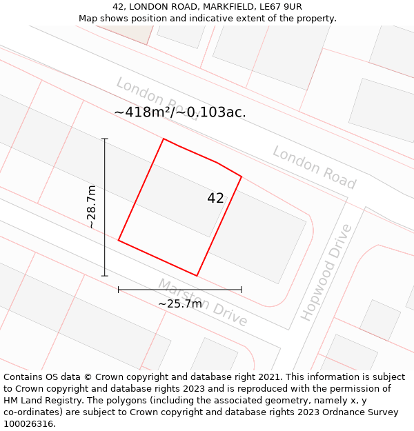 42, LONDON ROAD, MARKFIELD, LE67 9UR: Plot and title map