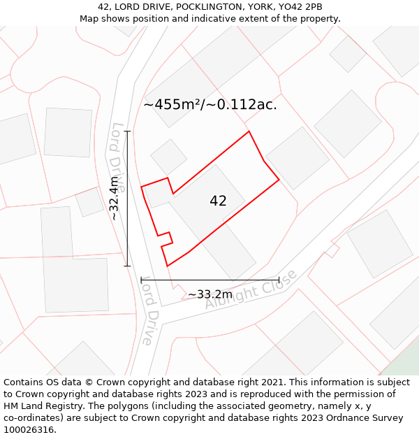 42, LORD DRIVE, POCKLINGTON, YORK, YO42 2PB: Plot and title map