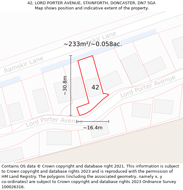 42, LORD PORTER AVENUE, STAINFORTH, DONCASTER, DN7 5GA: Plot and title map