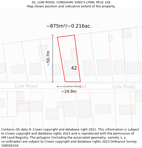 42, LOW ROAD, CONGHAM, KING'S LYNN, PE32 1AE: Plot and title map