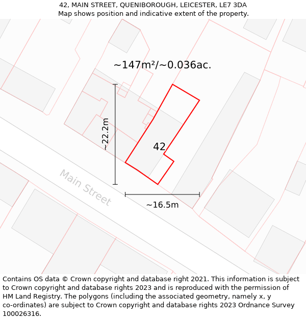 42, MAIN STREET, QUENIBOROUGH, LEICESTER, LE7 3DA: Plot and title map