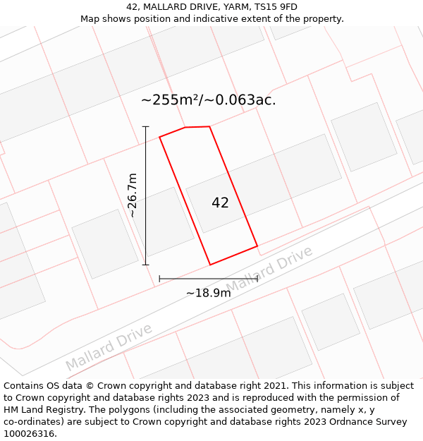 42, MALLARD DRIVE, YARM, TS15 9FD: Plot and title map