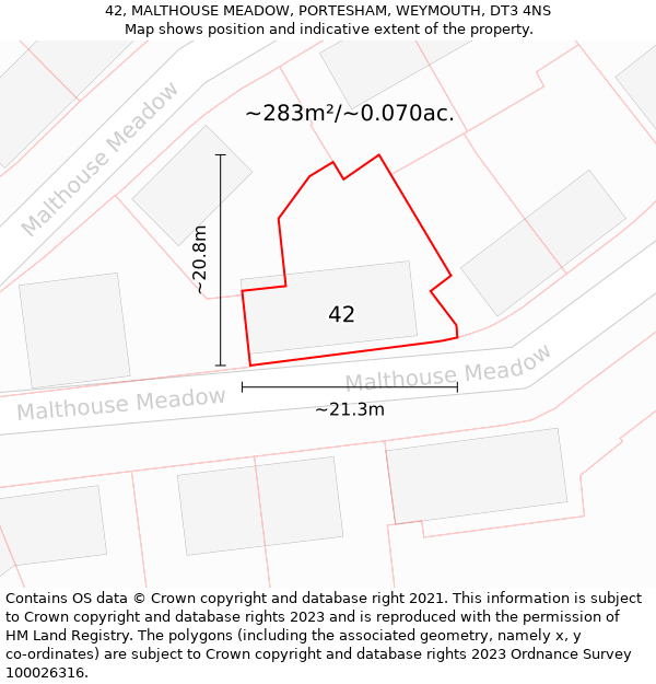 42, MALTHOUSE MEADOW, PORTESHAM, WEYMOUTH, DT3 4NS: Plot and title map