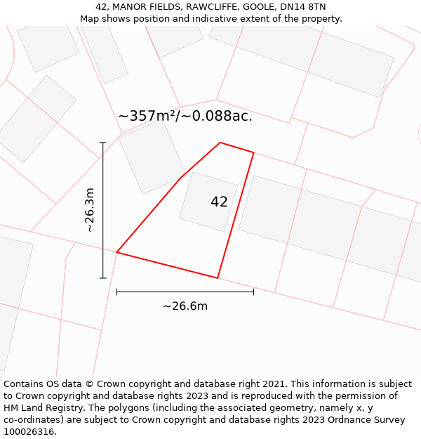 42, MANOR FIELDS, RAWCLIFFE, GOOLE, DN14 8TN: Plot and title map