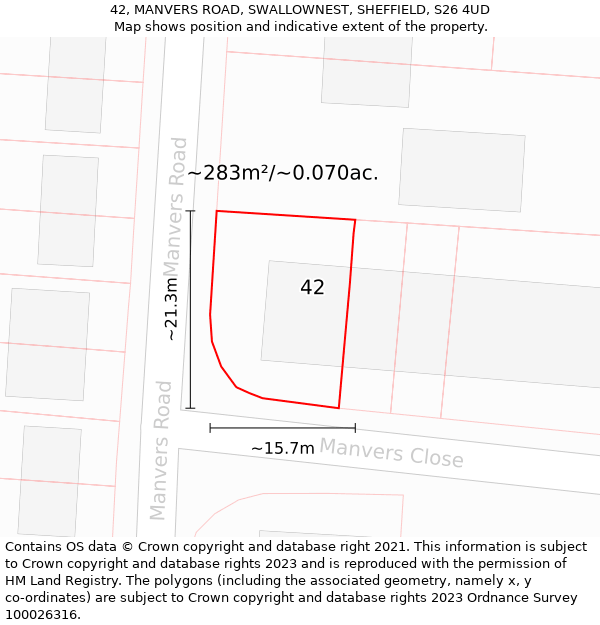 42, MANVERS ROAD, SWALLOWNEST, SHEFFIELD, S26 4UD: Plot and title map