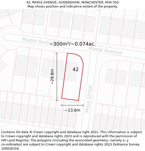 42, MAPLE AVENUE, AUDENSHAW, MANCHESTER, M34 5SG: Plot and title map