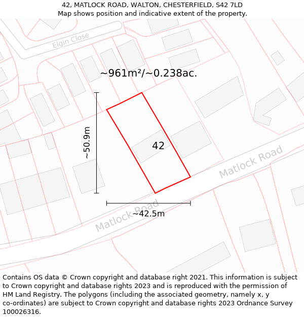 42, MATLOCK ROAD, WALTON, CHESTERFIELD, S42 7LD: Plot and title map