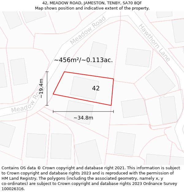 42, MEADOW ROAD, JAMESTON, TENBY, SA70 8QF: Plot and title map