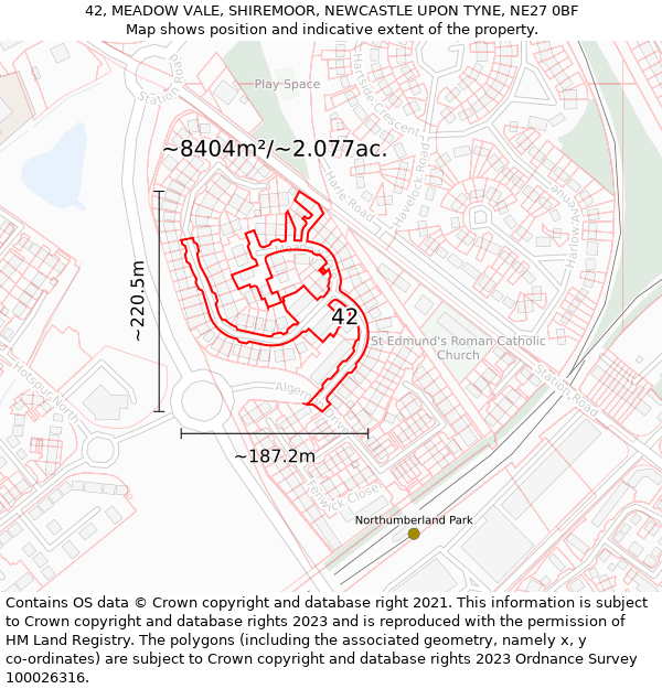 42, MEADOW VALE, SHIREMOOR, NEWCASTLE UPON TYNE, NE27 0BF: Plot and title map