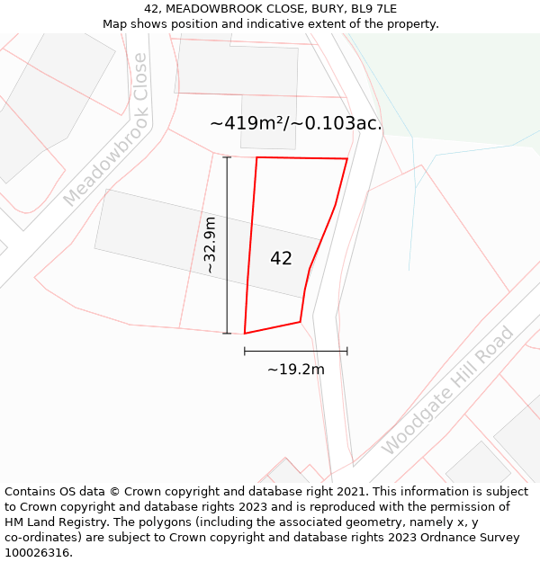 42, MEADOWBROOK CLOSE, BURY, BL9 7LE: Plot and title map