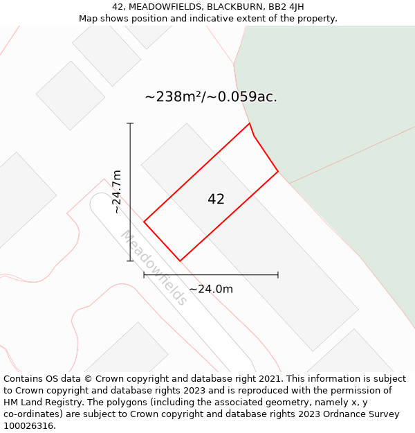 42, MEADOWFIELDS, BLACKBURN, BB2 4JH: Plot and title map