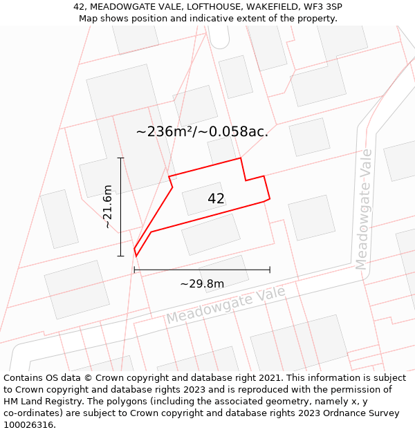42, MEADOWGATE VALE, LOFTHOUSE, WAKEFIELD, WF3 3SP: Plot and title map