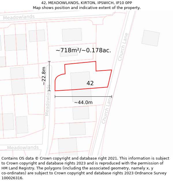 42, MEADOWLANDS, KIRTON, IPSWICH, IP10 0PP: Plot and title map