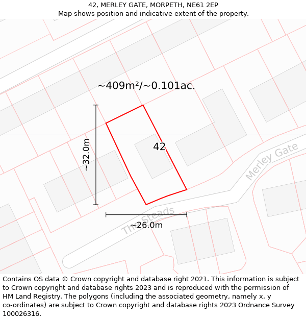 42, MERLEY GATE, MORPETH, NE61 2EP: Plot and title map