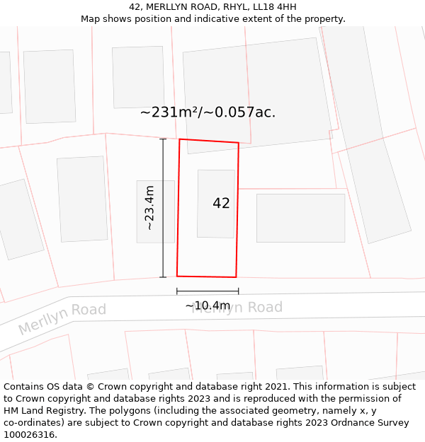 42, MERLLYN ROAD, RHYL, LL18 4HH: Plot and title map