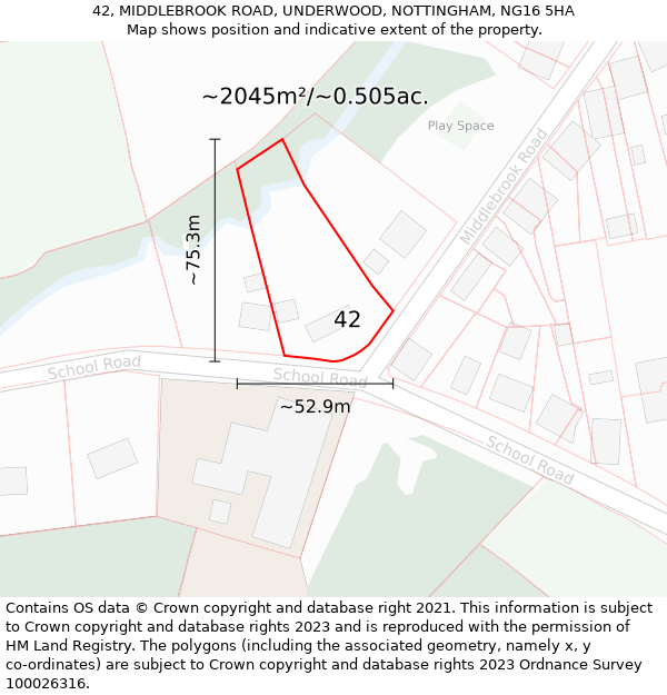 42, MIDDLEBROOK ROAD, UNDERWOOD, NOTTINGHAM, NG16 5HA: Plot and title map