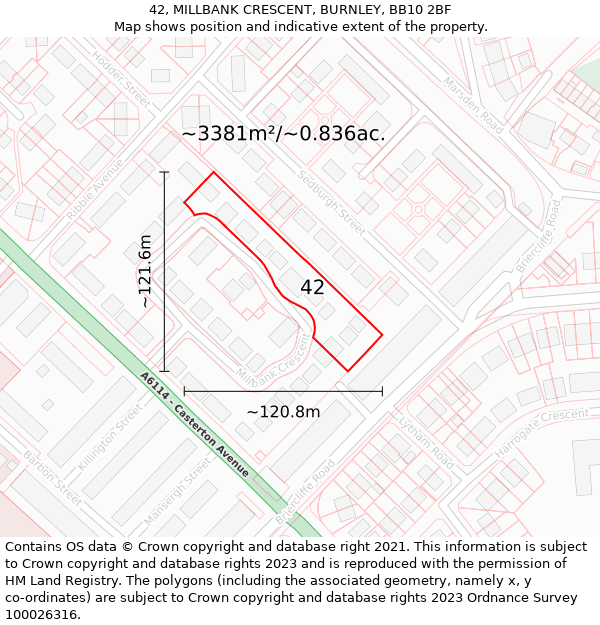42, MILLBANK CRESCENT, BURNLEY, BB10 2BF: Plot and title map