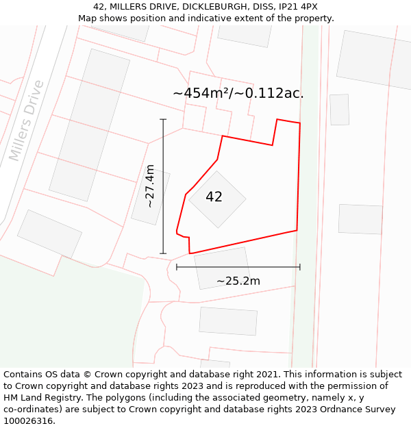 42, MILLERS DRIVE, DICKLEBURGH, DISS, IP21 4PX: Plot and title map