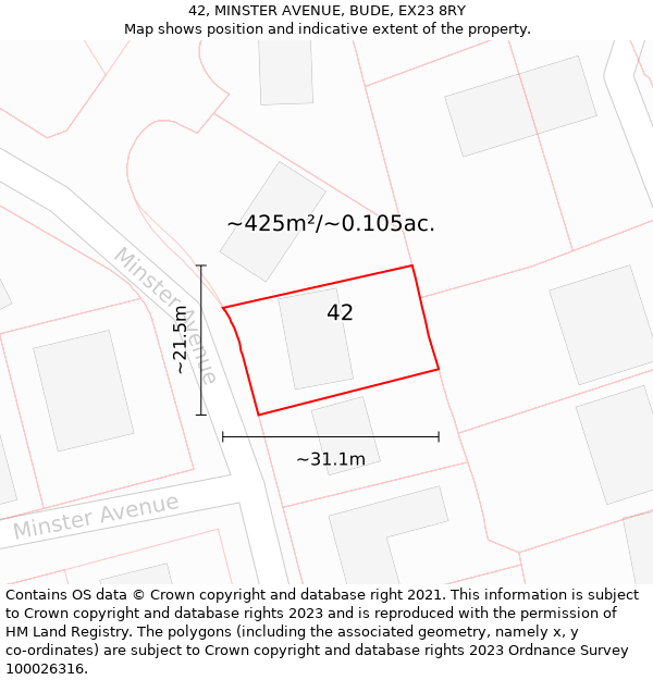 42, MINSTER AVENUE, BUDE, EX23 8RY: Plot and title map