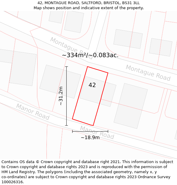 42, MONTAGUE ROAD, SALTFORD, BRISTOL, BS31 3LL: Plot and title map