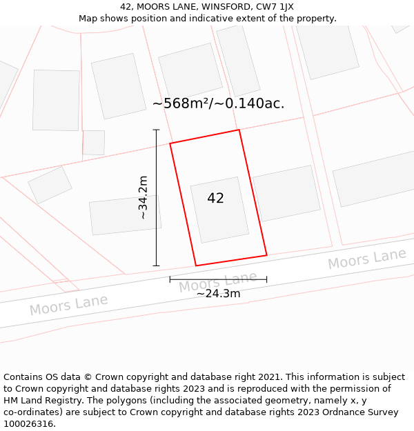 42, MOORS LANE, WINSFORD, CW7 1JX: Plot and title map