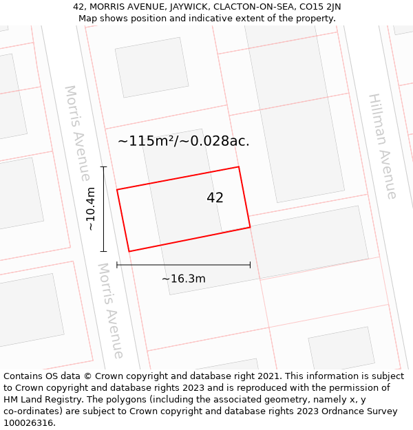 42, MORRIS AVENUE, JAYWICK, CLACTON-ON-SEA, CO15 2JN: Plot and title map