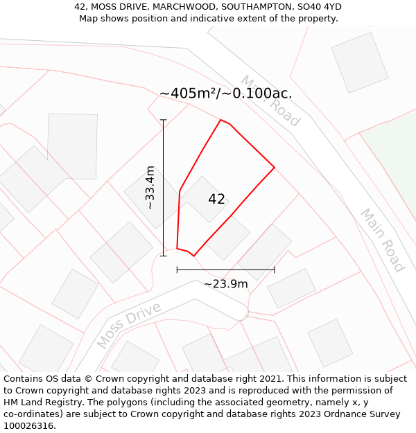 42, MOSS DRIVE, MARCHWOOD, SOUTHAMPTON, SO40 4YD: Plot and title map