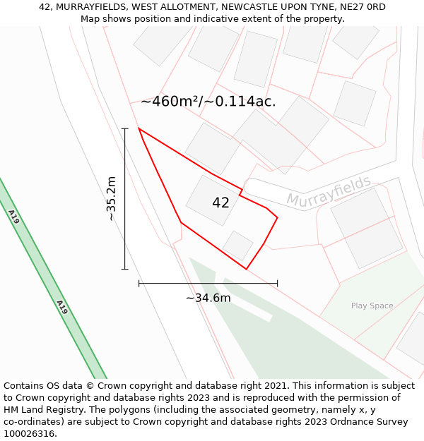 42, MURRAYFIELDS, WEST ALLOTMENT, NEWCASTLE UPON TYNE, NE27 0RD: Plot and title map
