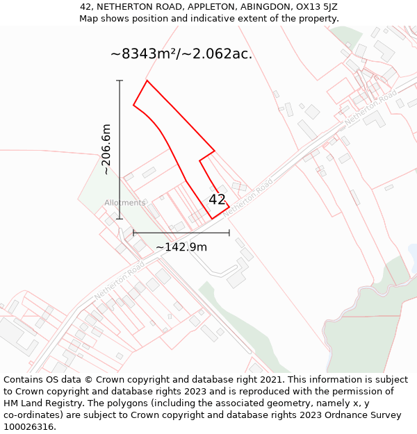 42, NETHERTON ROAD, APPLETON, ABINGDON, OX13 5JZ: Plot and title map