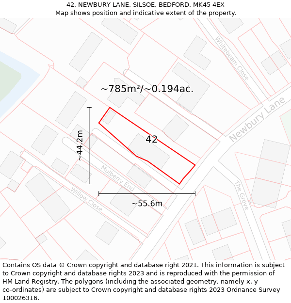 42, NEWBURY LANE, SILSOE, BEDFORD, MK45 4EX: Plot and title map