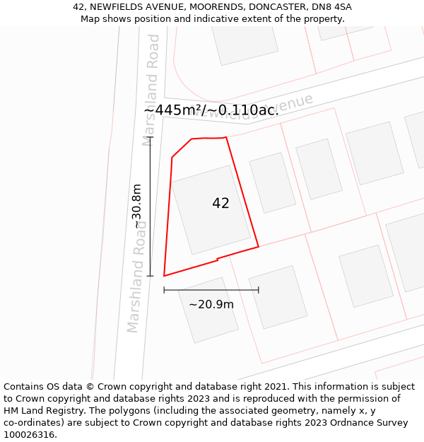 42, NEWFIELDS AVENUE, MOORENDS, DONCASTER, DN8 4SA: Plot and title map