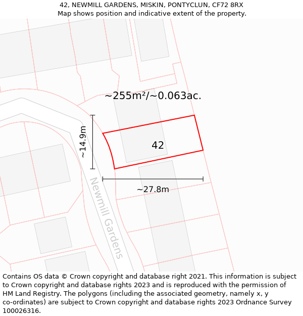 42, NEWMILL GARDENS, MISKIN, PONTYCLUN, CF72 8RX: Plot and title map