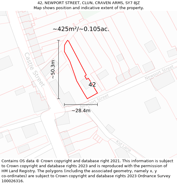 42, NEWPORT STREET, CLUN, CRAVEN ARMS, SY7 8JZ: Plot and title map