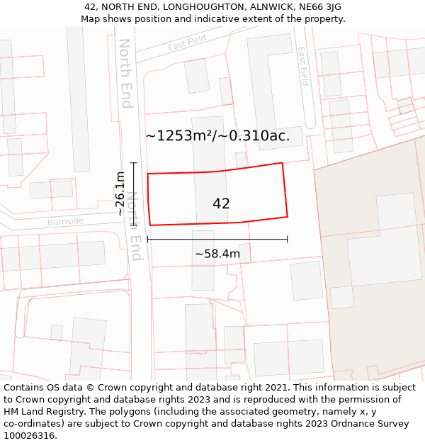 42, NORTH END, LONGHOUGHTON, ALNWICK, NE66 3JG: Plot and title map