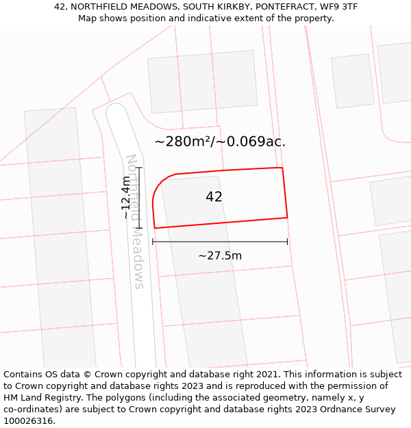 42, NORTHFIELD MEADOWS, SOUTH KIRKBY, PONTEFRACT, WF9 3TF: Plot and title map