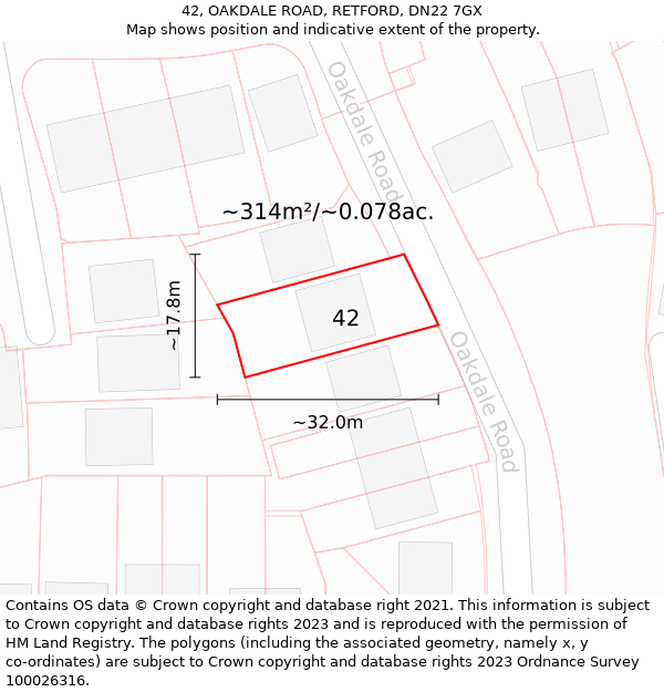 42, OAKDALE ROAD, RETFORD, DN22 7GX: Plot and title map