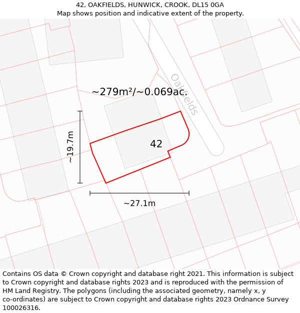 42, OAKFIELDS, HUNWICK, CROOK, DL15 0GA: Plot and title map