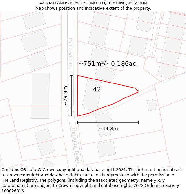 42, OATLANDS ROAD, SHINFIELD, READING, RG2 9DN: Plot and title map